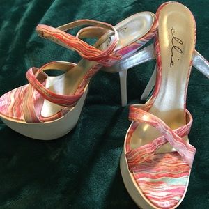White soled, pink patterned strappy high heels
